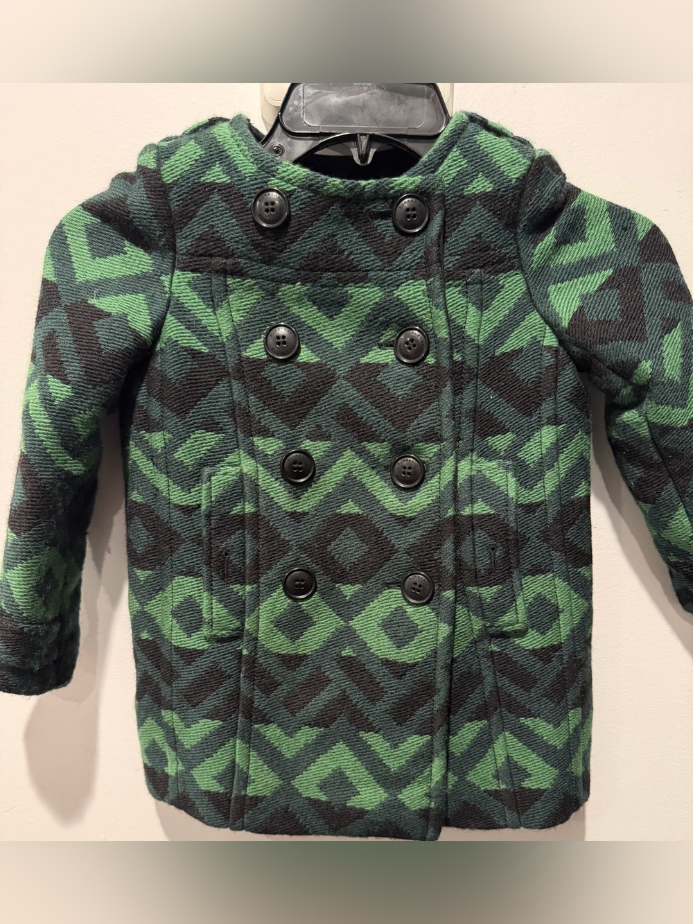 Burberry Children Green Blue Wool Double Breasted Pea Coat Logo Jacket Sz. 4Y